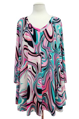 Pink Teal Black Swirl Shirt Top w V Neck