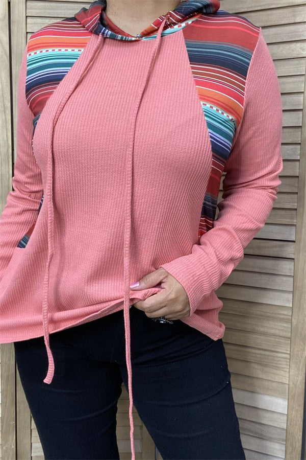 Pink Serape Striped Hoodie Hoody Long Sleeves