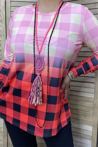 Pink Fade to Red Plaid Shirt Top