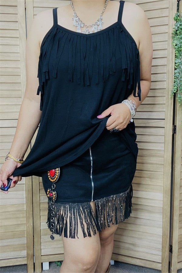 Solid Black Tank Top w Fringe Tassels