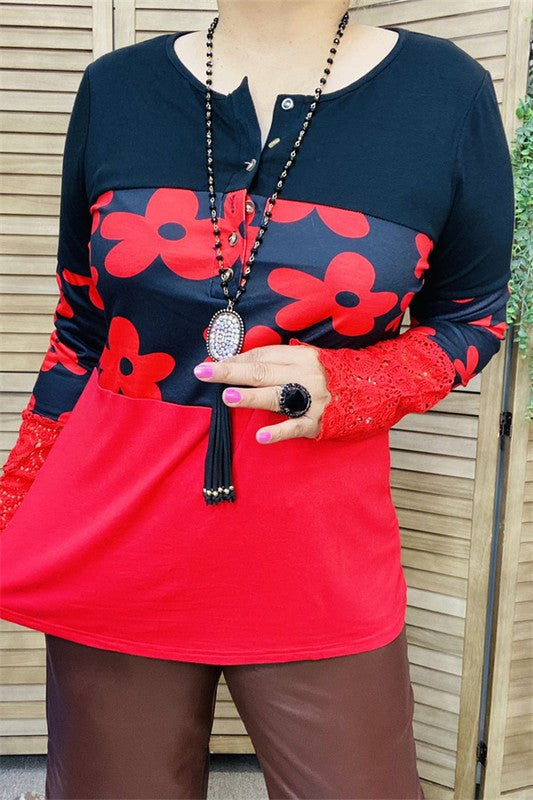 Black Red Floral Colorblock Shirt Top