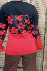 Black Red Floral Colorblock Shirt Top