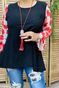 Black Shirt Top w Beautiful Red Floral Sleeves