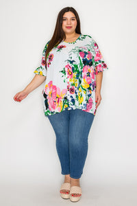 White Shirred Floral Shirt Top with V Neck