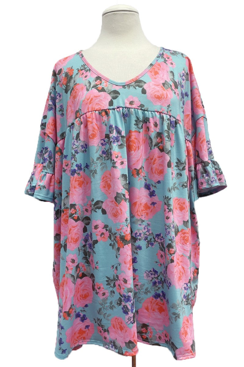 Blue Pink Floral V Neck Shirt Top