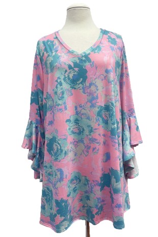 Pink Blue Floral Shirt Flare Sleeve and V Neck Top