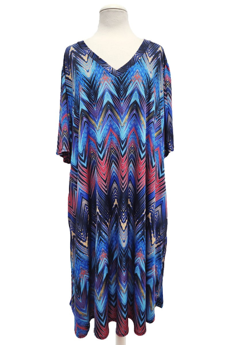 Multi Color Blue Chevron Style Print Dress w Pockets