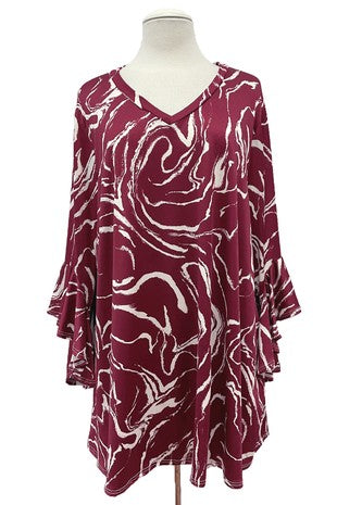 Burgundy White Swirl Shirt Top with V Neck