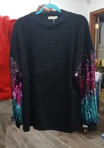 Sweater Knit Shirt Top w Gorgeous Sequin Sparkle Sleeves