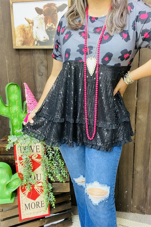 Gray Black Fuschia Leopard Sequin Shirt Top