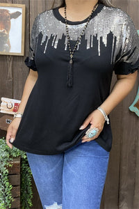 Black Shirt Top with Falling Silver Sequins