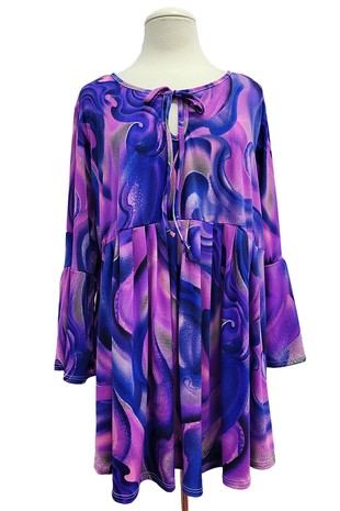 Purple Blue Swirl Tie Dye Shirt Top w Tie Neck