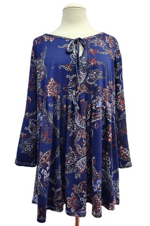 Dark Navy Paisley Tie Neck Shirt Top