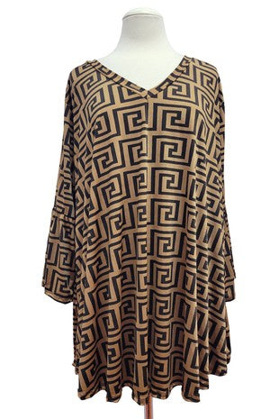 Beige Black Design Shirt Top w V Neck