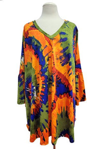 Orange Green Blue Tie Dye V Neck Shirt Top