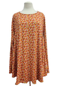 Orange Ribbed Floral Long Sleeve Top