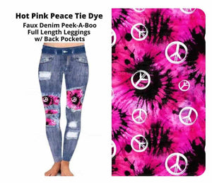 Faux Denim Hot Pink & Black Tie Dye Peace Sign Patch Legging Leggings