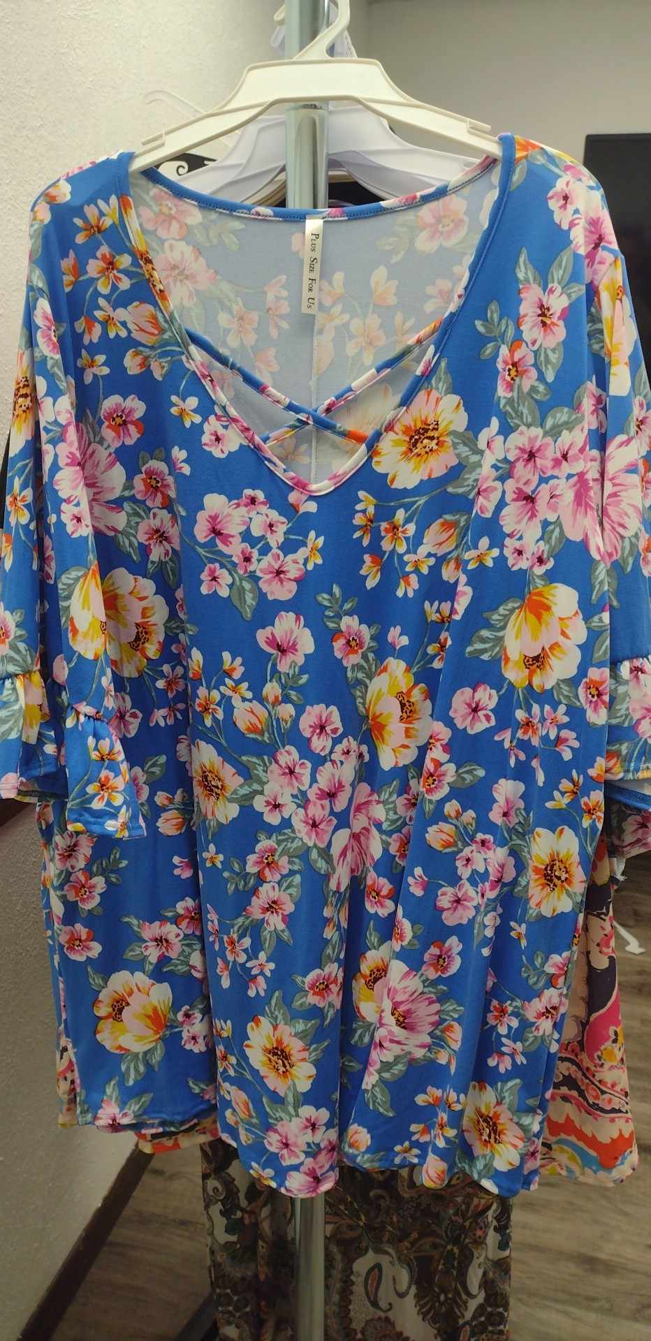 PSFU Blue Floral X Caged Neck Shirt Top