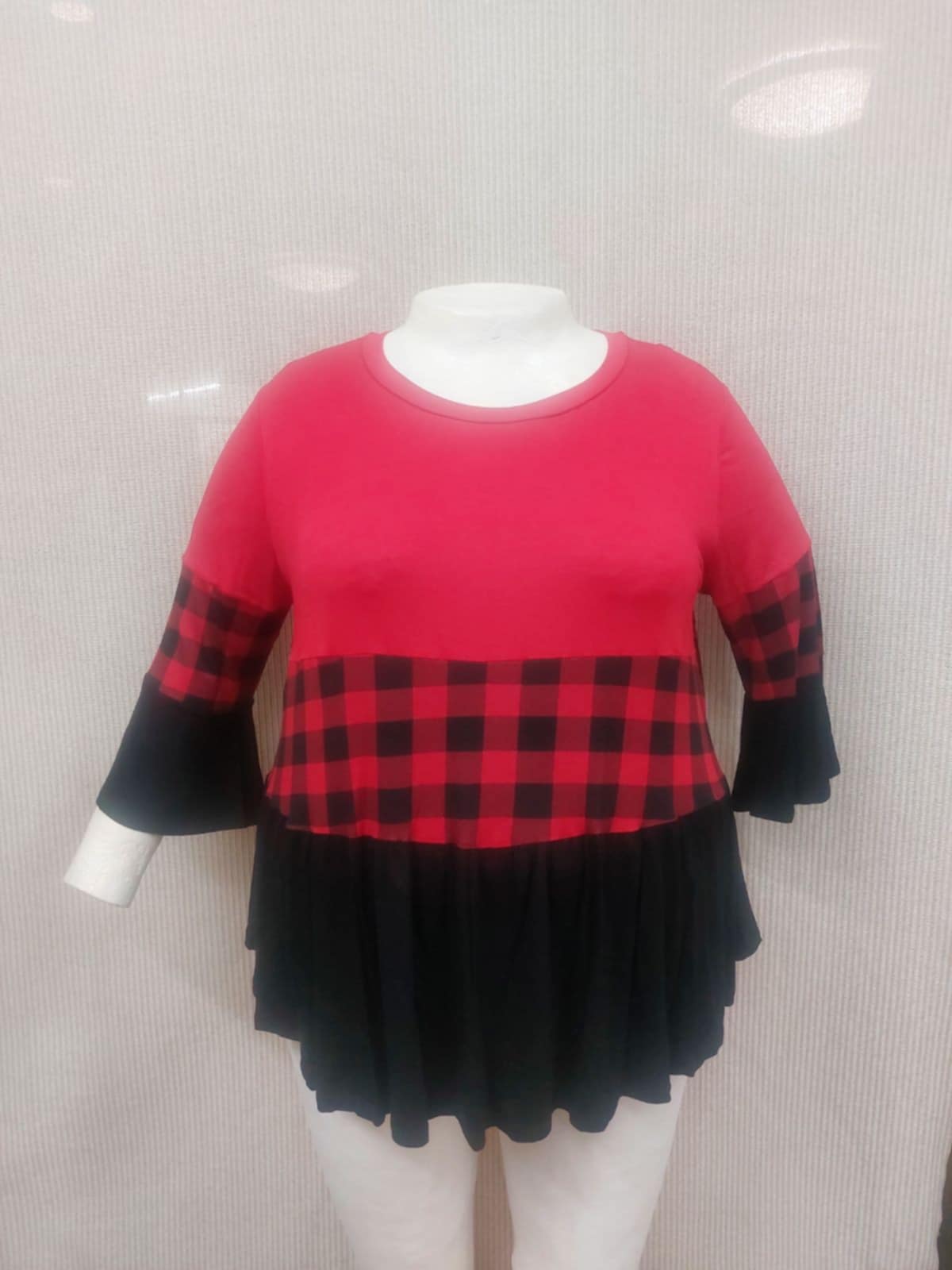 PSFU Red Plaid Black Colorblock Shirt Top