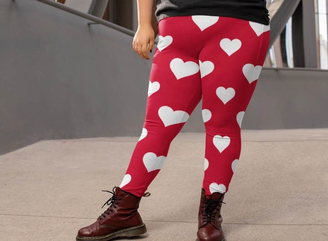 Red & White Heart Full Length Leggings w Pockets