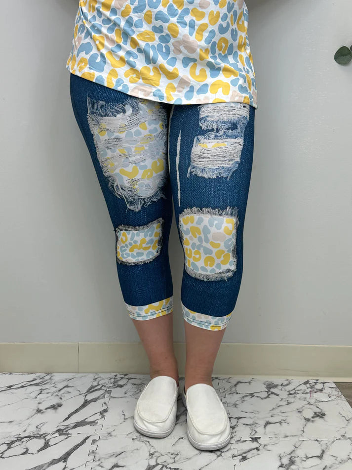 Faux Denim Cheetah Capri w/ Butt Pockets