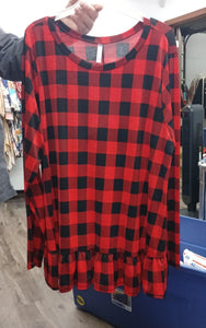 Red & Black Plaid Shirt Top w Ruffle Hem