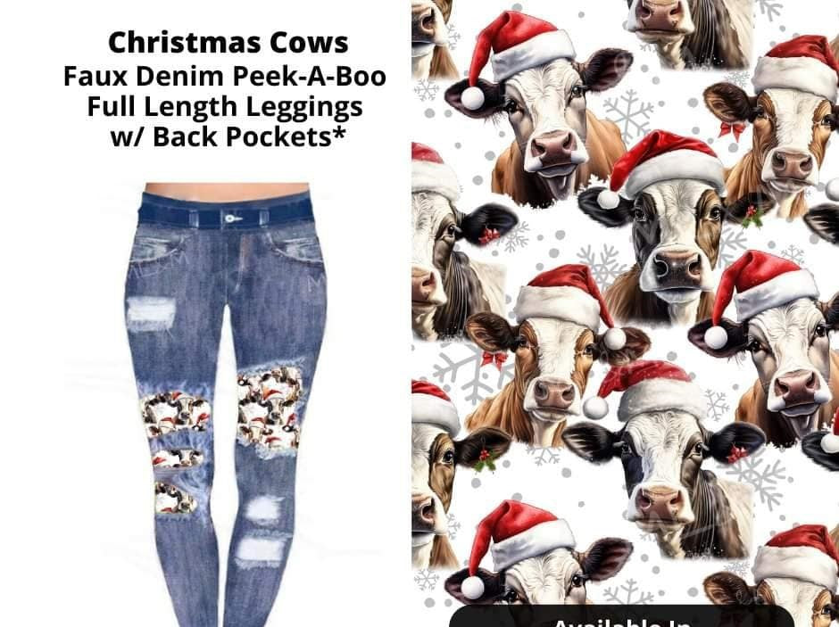 Faux Denim Christmas Cow Full Length Leggings Legging