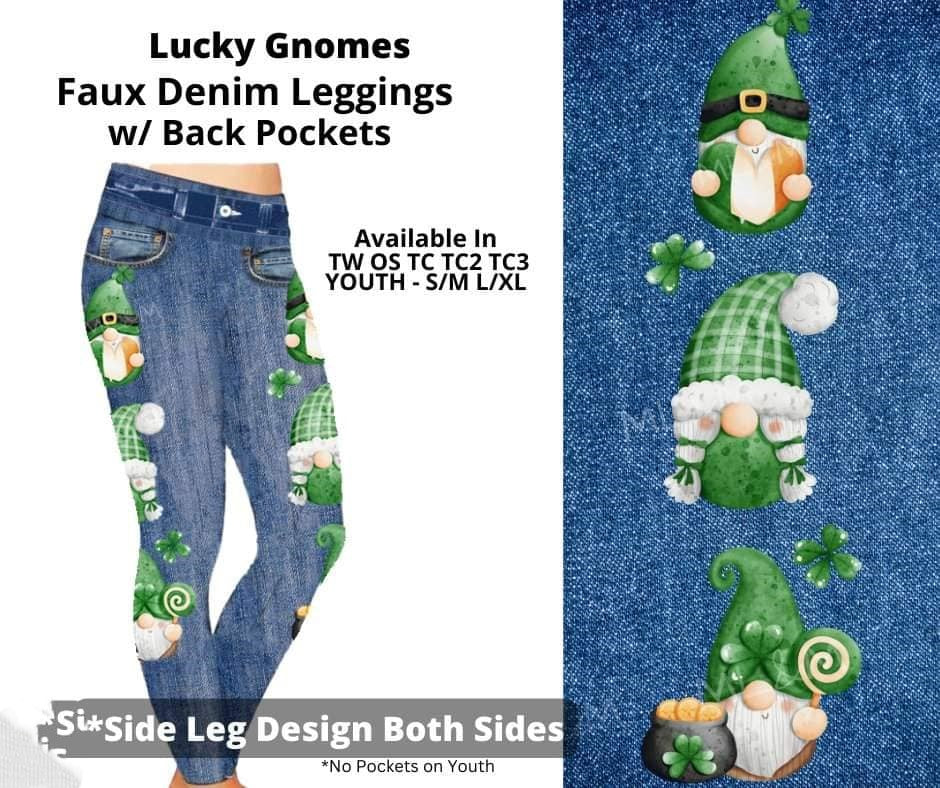 Faux Denim Green St Paddy's Day Lucky Gnome Gnomes Leggings