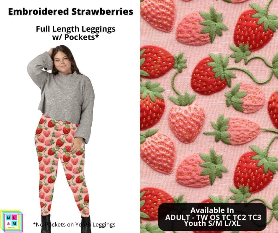 Pink Embroidered Strawberry Strawberries Legging Leggings