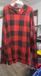 Red & Black Plaid Hoodie Hoody Hooded Shirt Top