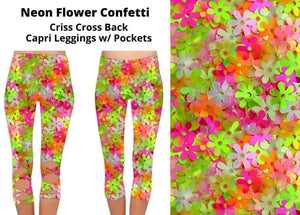 Neon Pink Green Flower Confetti Criss Cross Back Capri Capris