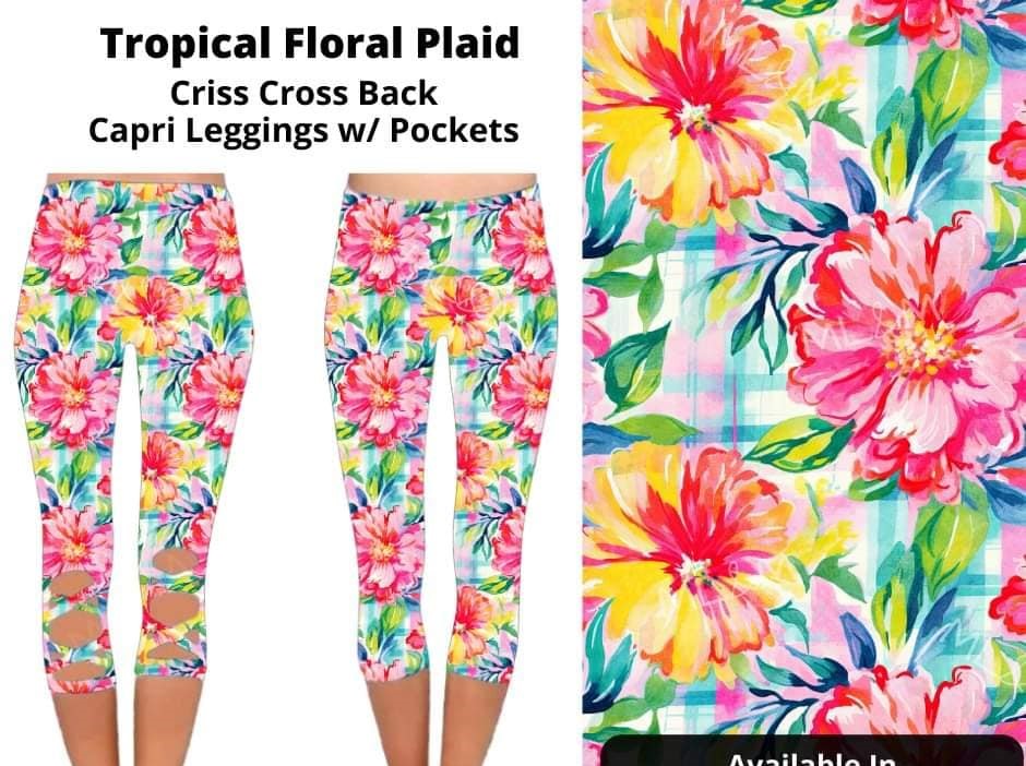 Tropical Floral Plaid X Back Capri Capris