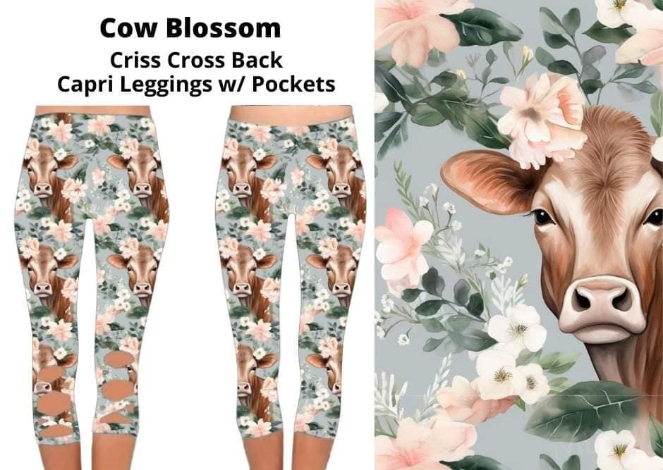 Gray Cow Blossom Criss Cross Back Capri Capris