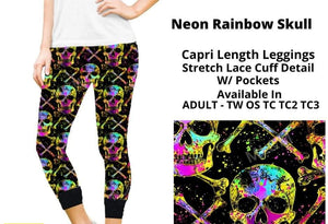 Black Neon Rainbow Skull Capris w Lace Cuff