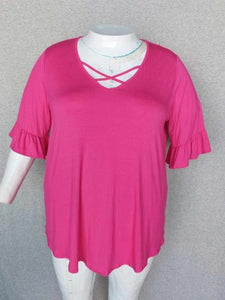 PSFU Solid Pink X Caged Neck Shirt Top