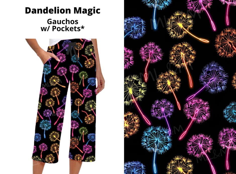 Black Dandelion Magic Capri Gauchos Gaucho w Pockets