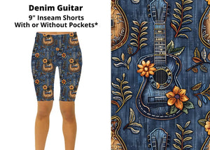 Faux Denim Guitar Flower 9" Shorts Short