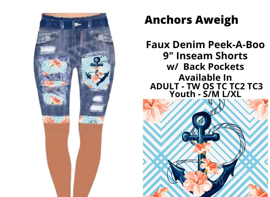 Faux Denim Anchors Aweigh Anchor Patch Short Shorts Bermuda Length