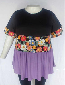 PSFU Black Floral Purple Colorblock Shirt Top