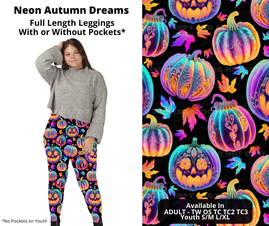 Neon Autumn Pumpkin Halloween Full Length Leggings Legging w Pockets