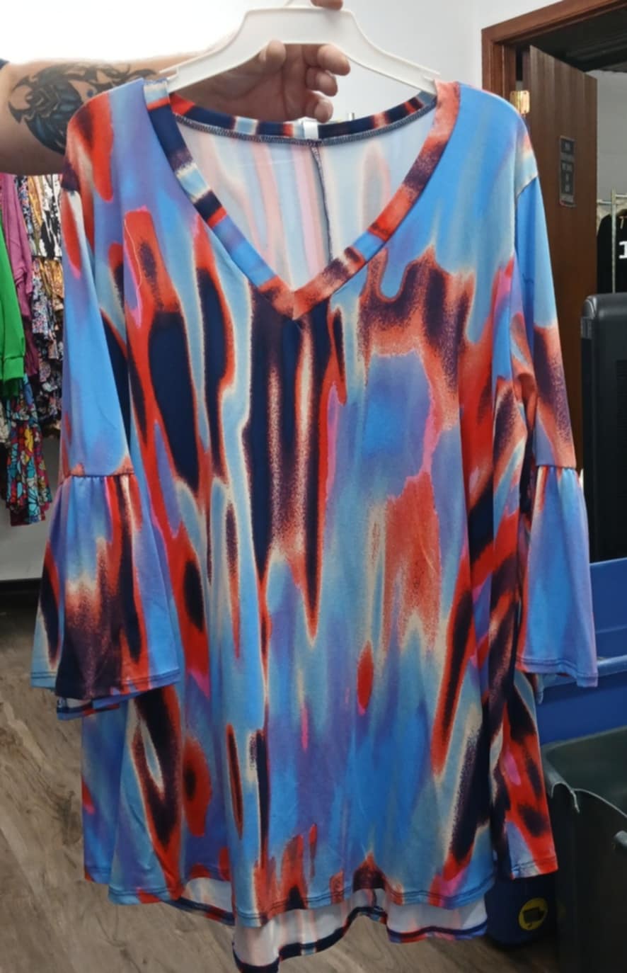 Red Blue Tie Dye V Neck Shirt Top