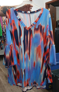 Red Blue Tie Dye V Neck Shirt Top