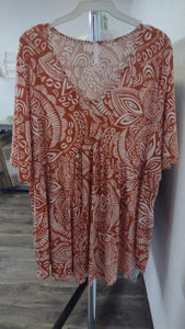 Orange Rust & White Design V Neck Shirt Top