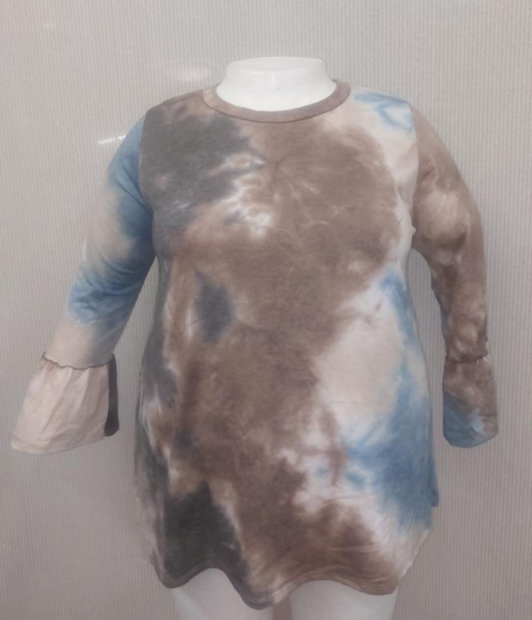 PSFU Brown Blue Tie Dye Top w Bell Slv