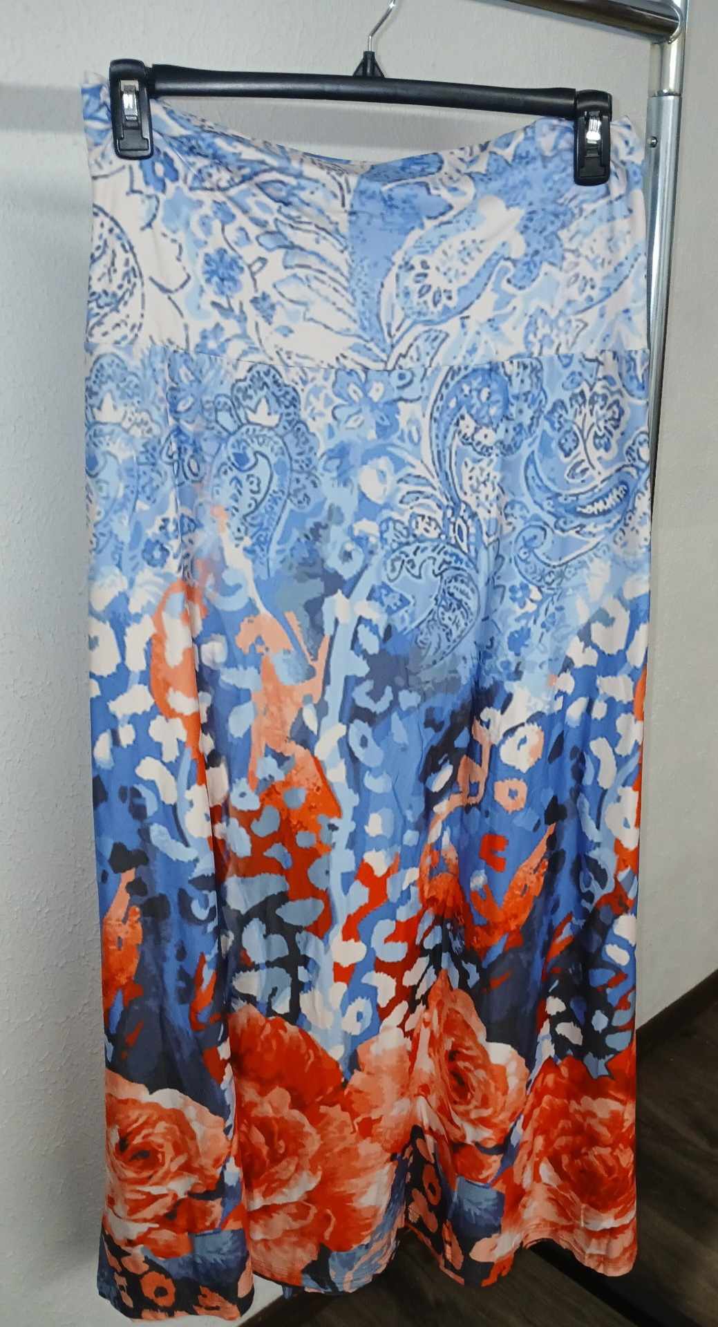 Blue Coral Rose Print Blend Maxi Skirt