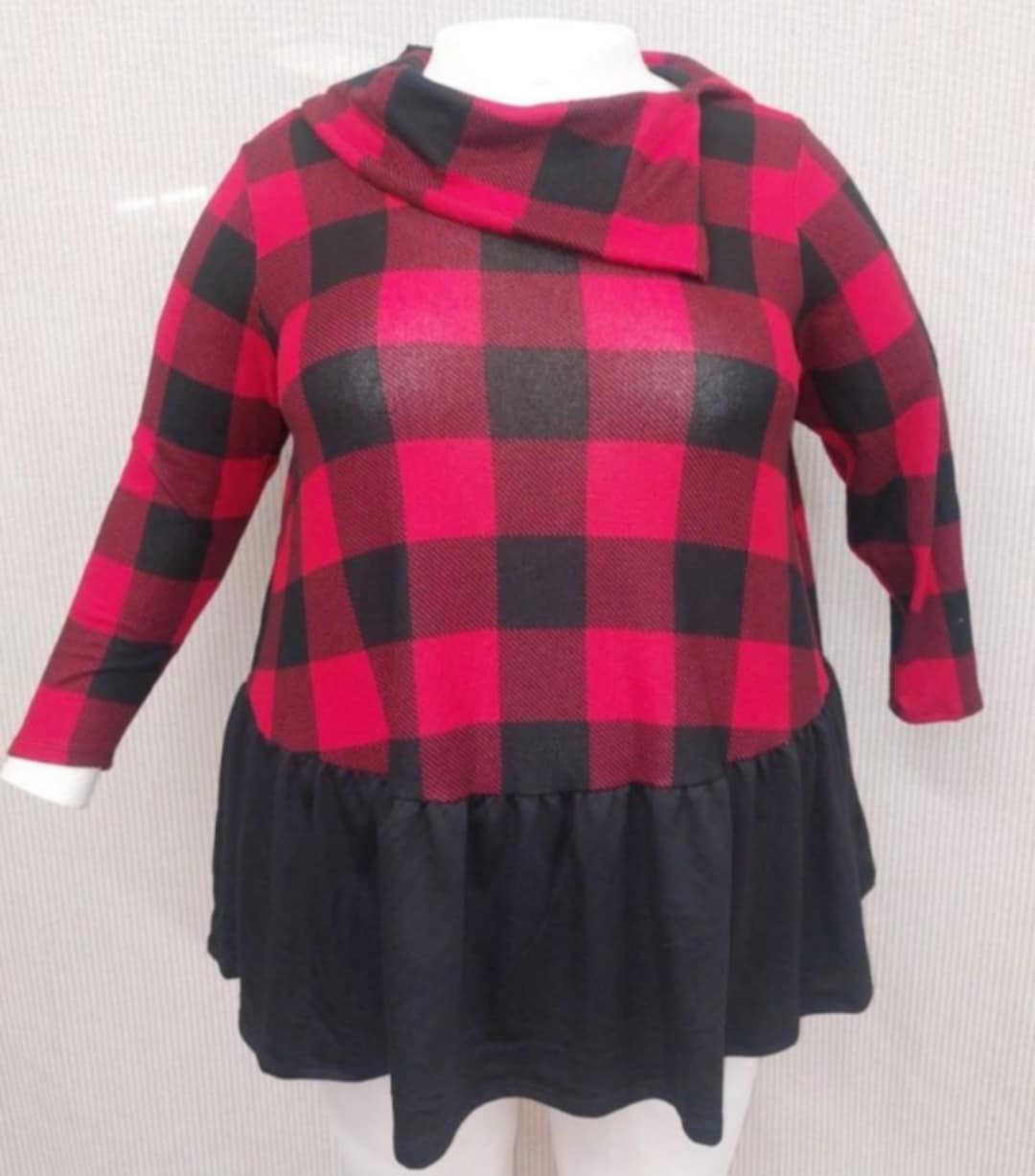 PSFU Red & Black Plaid Ruffle Bottom Collar Shirt Top