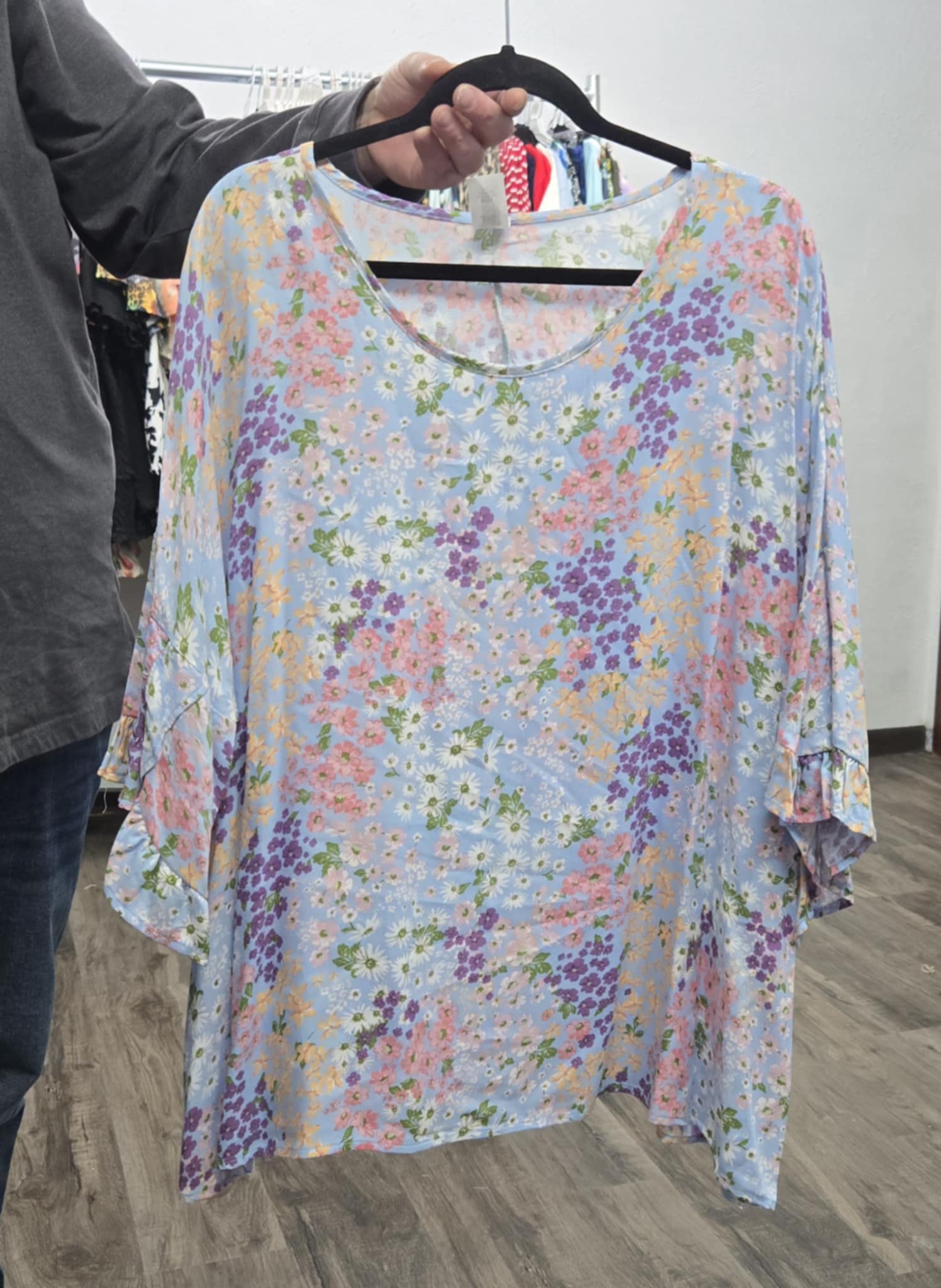 Light Blue Purple Pink Yellow Floral Shirt Top