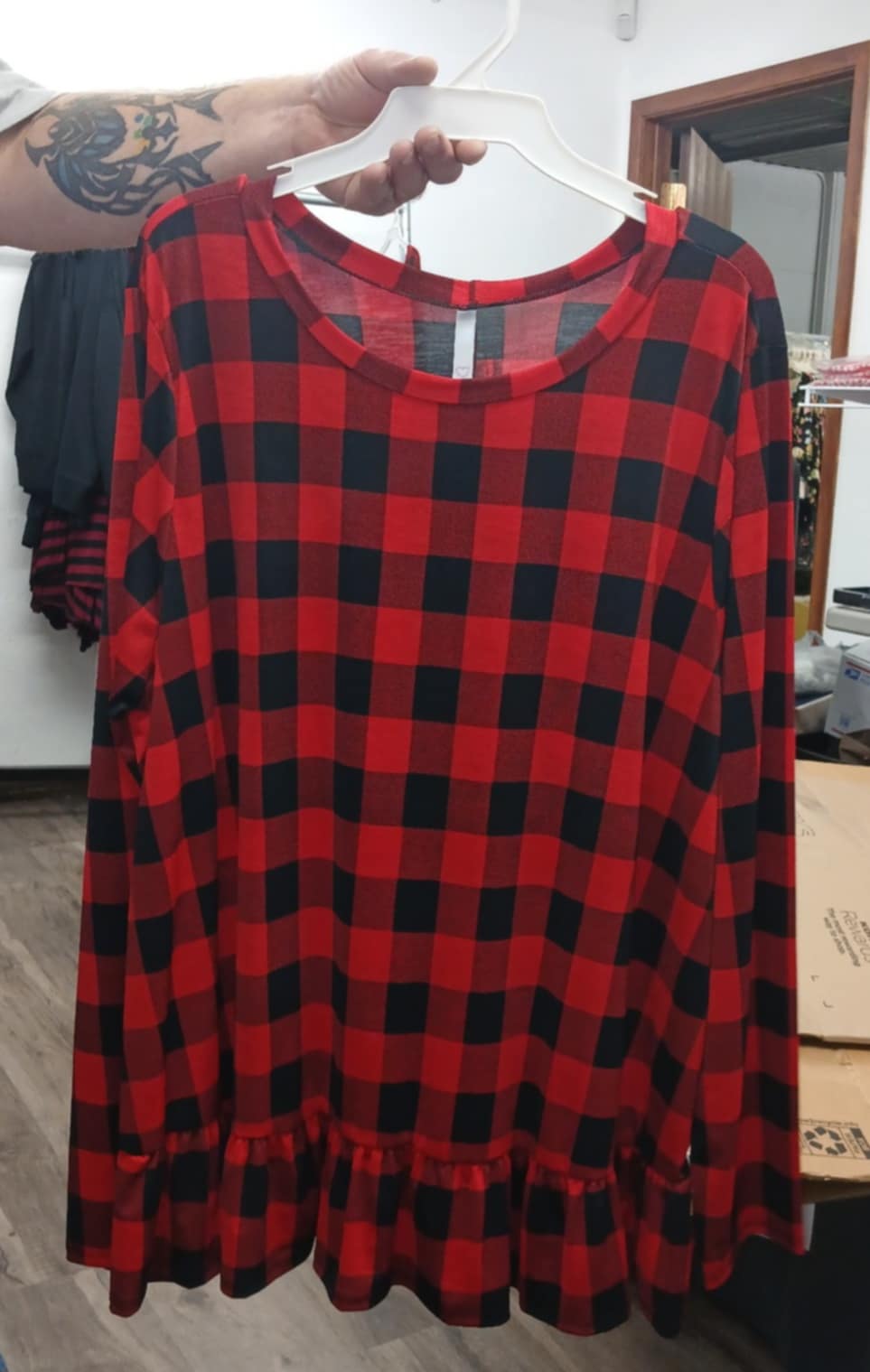 Red & Black Plaid Shirt Top w Ruffle Bottom