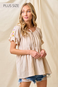 Beige Shirt Top w Crochet Sleeve Boho Top