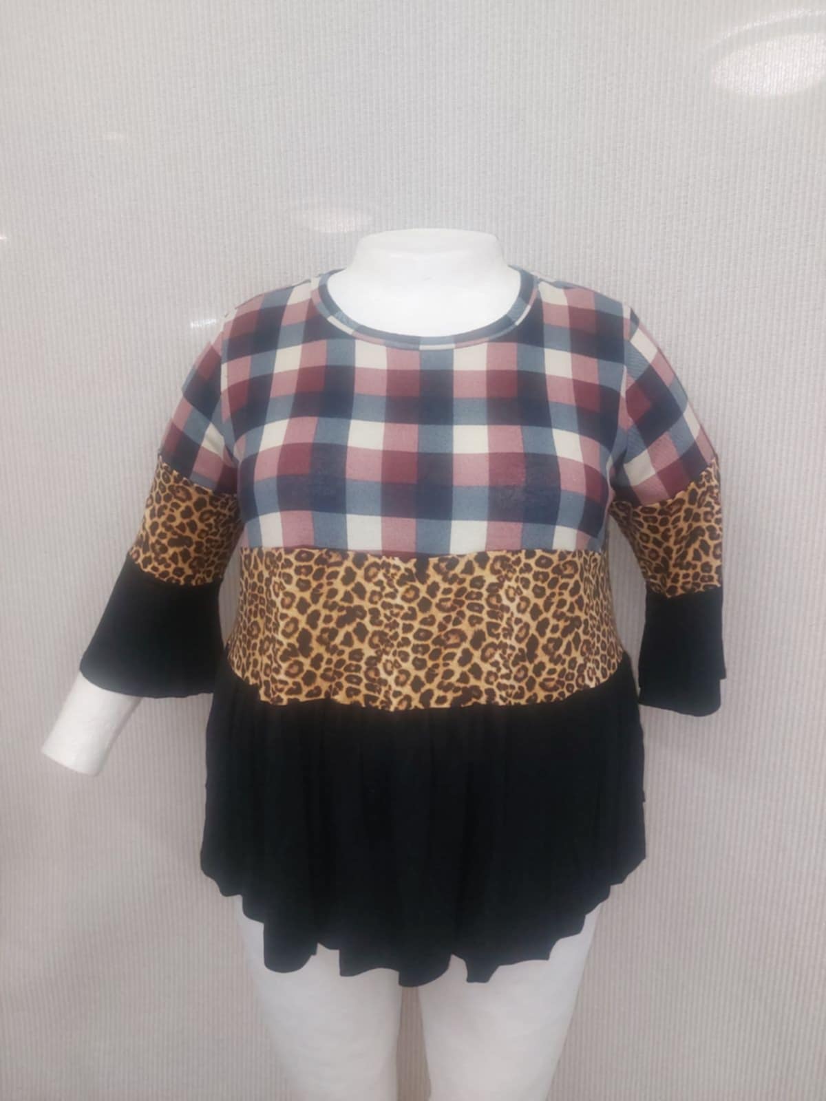 PSFU Navy Burgundy Plaid Leopard Black Colorblock Shirt Top